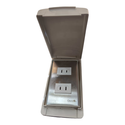 A stainless steel outdoor duplex outlet with a gray waterproof cover lid, shown open against a white background.