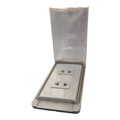 A white double outlet electrical panel cover with a translucent clear waterproof plastic lid, shown open against a white background.