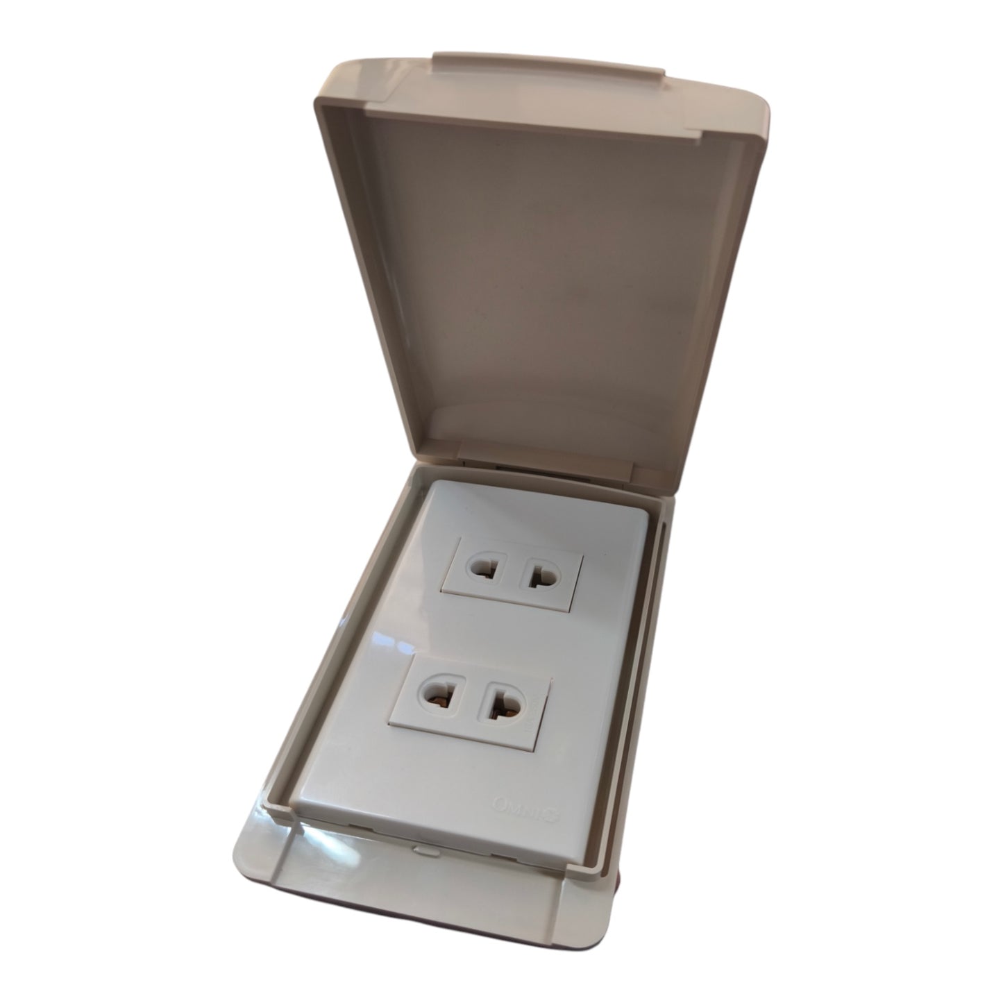 A waterproof outdoor duplex outlet cover with a hinged lid, shown open against a plain white background.