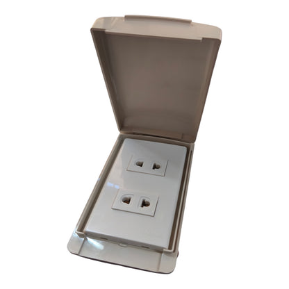 A waterproof outdoor duplex outlet cover with a hinged lid, shown open against a plain white background.