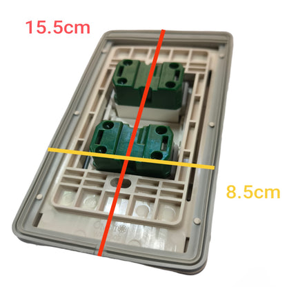 A two-gang wall switch plate module with green terminal blocks on a gray backplate, overlaid with red and yellow dimension lines and text indicating 15.5cm and 8.