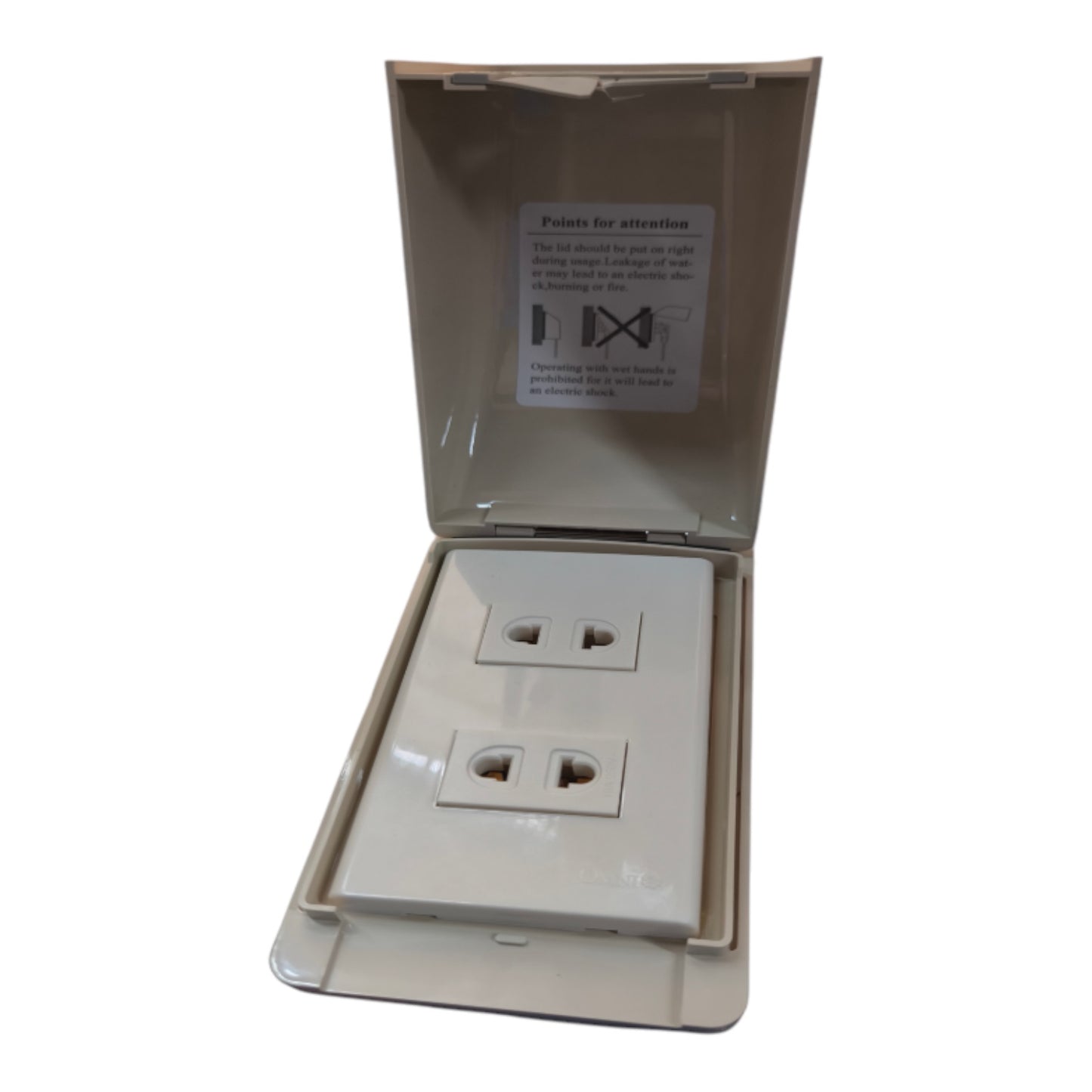 A double outlet outdoor weatherproof junction box with a beige plastic cover, shown open against a white background.
