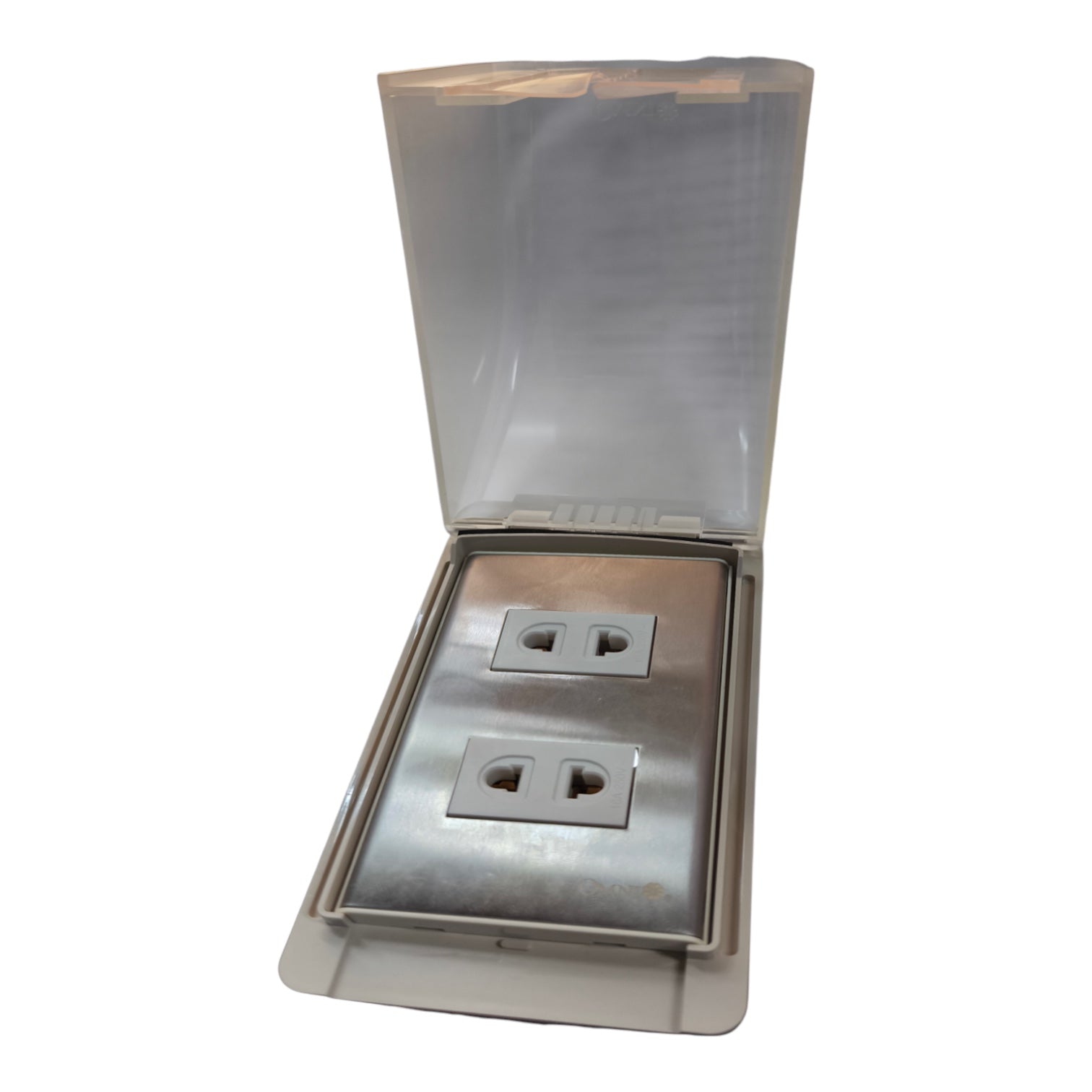 A stainless steel double outlet outdoor weatherproof box with a translucent gray waterproof cover, shown open against a white background.