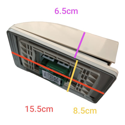 A product photo of a white plastic wall switch plate cover with overlaid dimension lines and text indicating measurements of 15.5cm, 8.