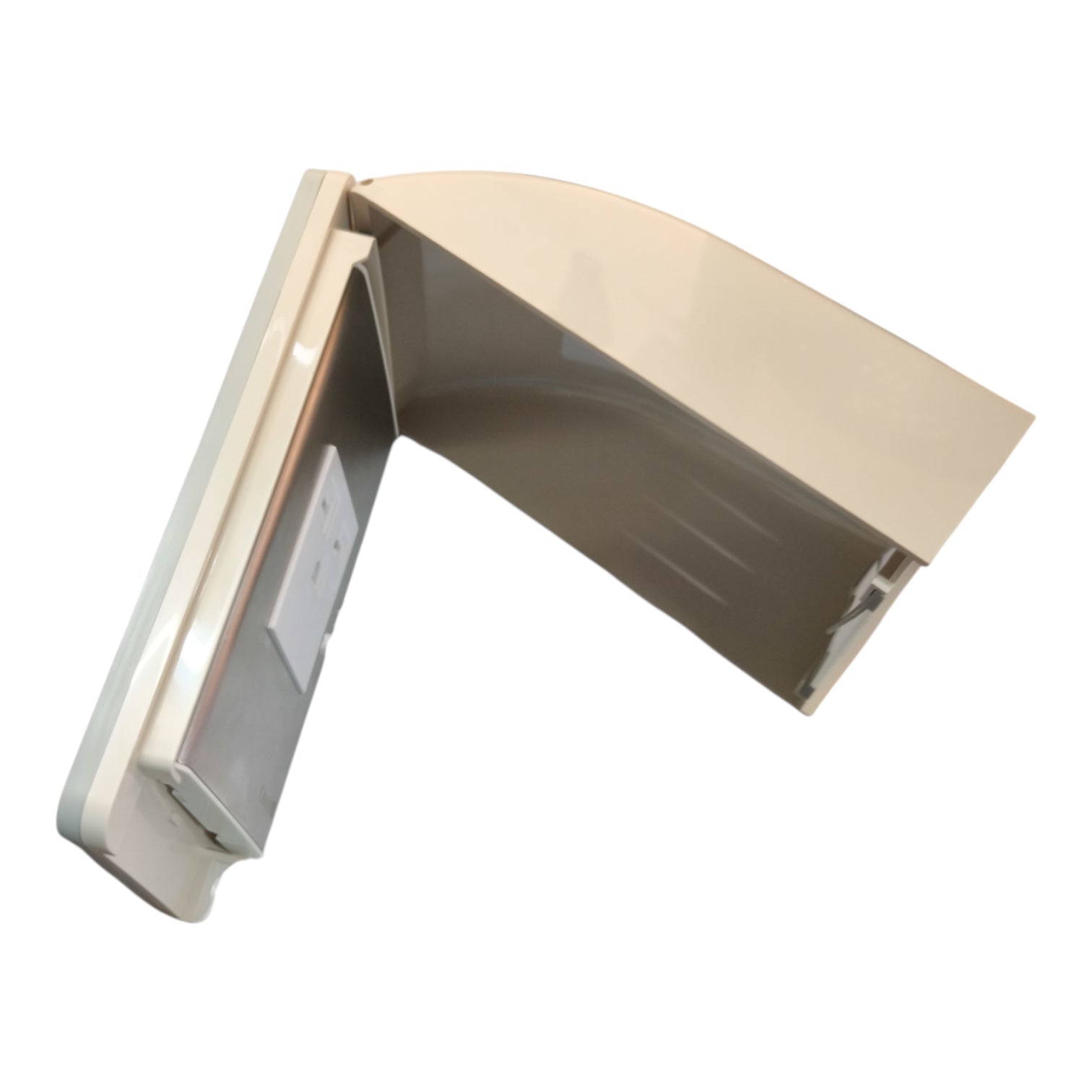 A beige plastic appliance accessory, likely a door panel trim or handle cover, shown open against a plain white background.