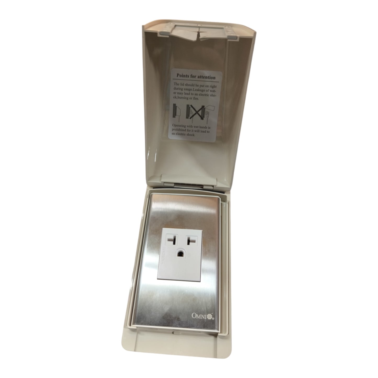 An outdoor waterproof electrical outlet cover with a stainless steel outlet inside and a translucent hinged lid, shown on a white background.