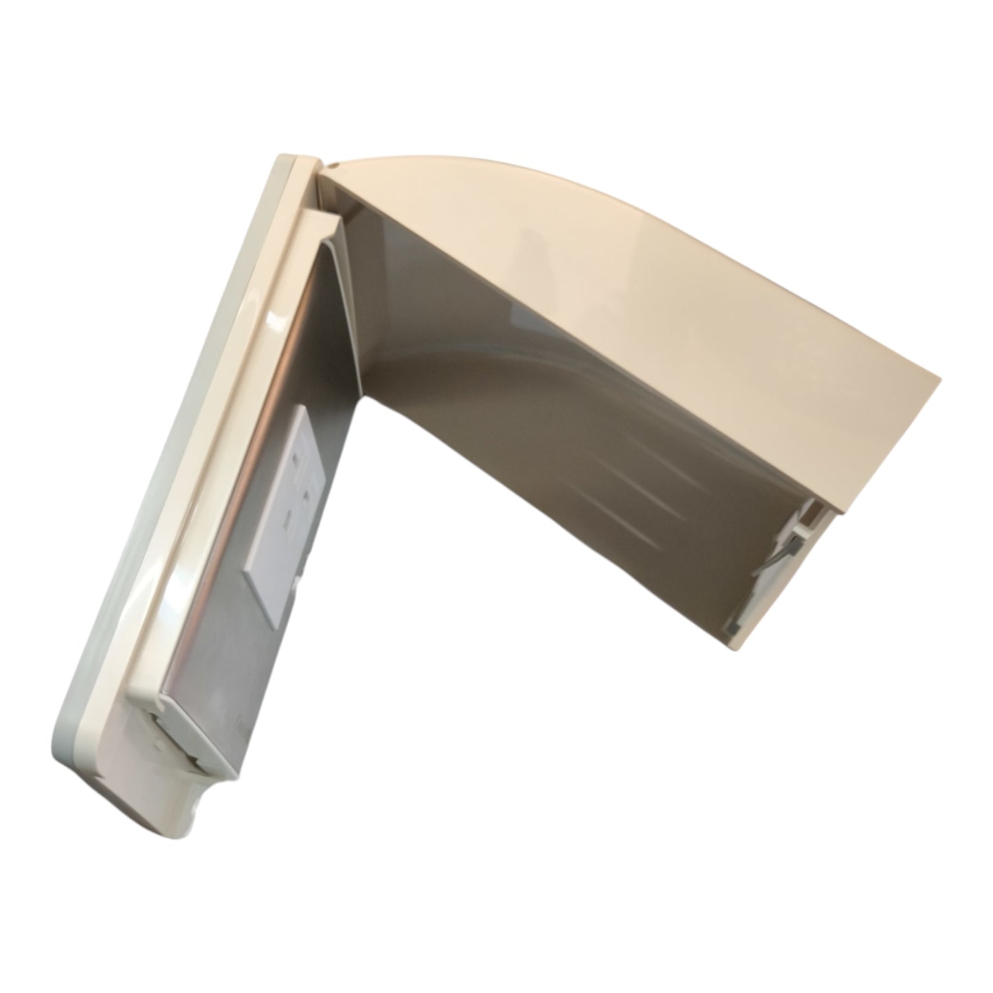 A beige plastic appliance accessory, likely a door panel trim or handle cover, shown open against a plain white background.