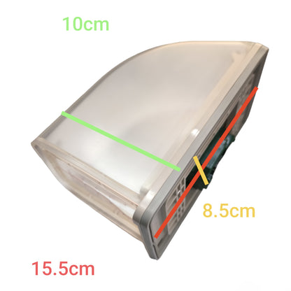 A transparent plastic rectangular container or cover shown on a white background with overlaid dimension labels and measurement lines: 10 cm across the top, 15.5 cm along the bottom left, and 8.