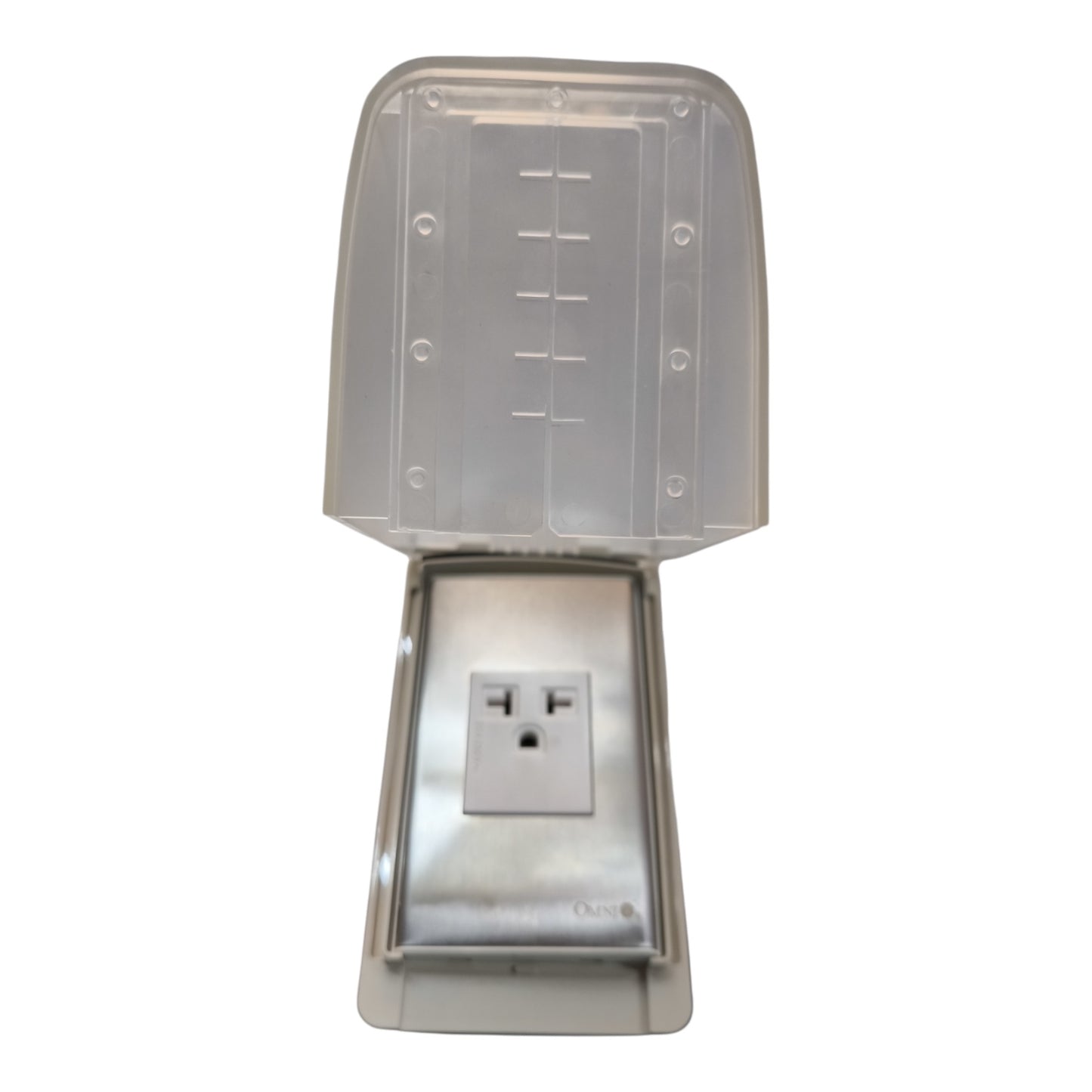 A stainless steel outdoor electrical outlet covered by a clear, molded plastic rain guard and weatherproof cap, shown against a plain white background.