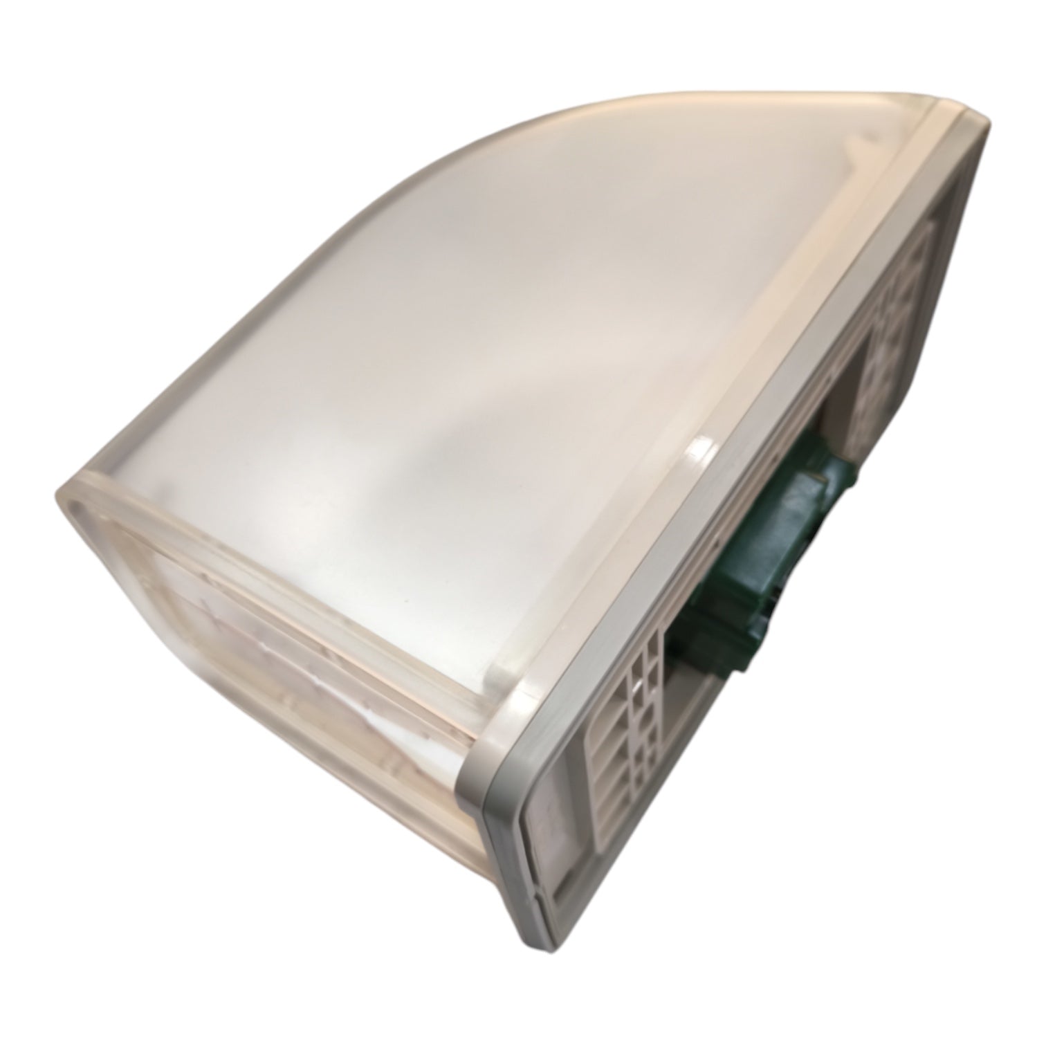 A translucent white plastic light fixture or cover with a gray frame and a small dark green component visible on the side, shown against a plain white background.