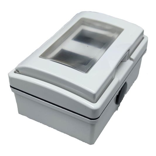 A white plastic electrical junction box with a clear plastic window on the lid, shown on a solid white background.