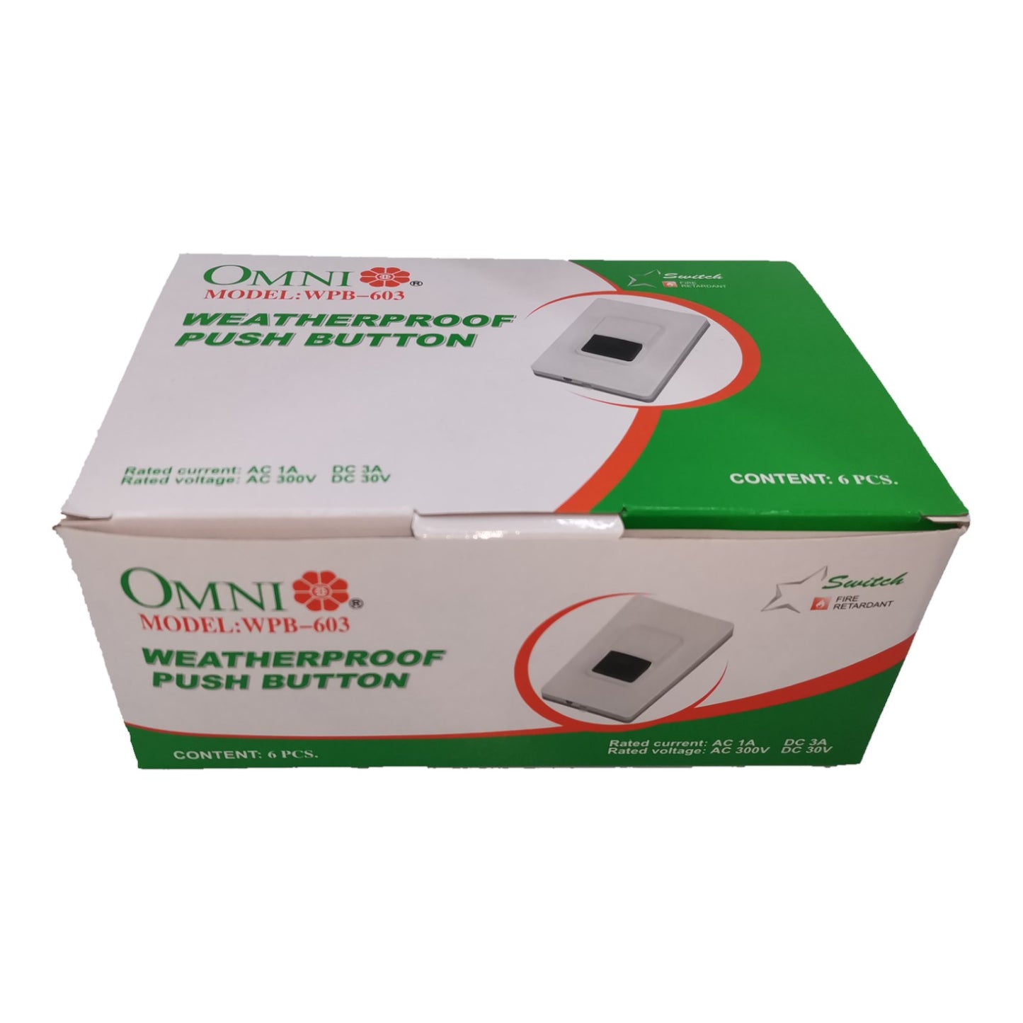 A white and green cardboard box of Omni Model WPB-603 Weatherproof Push Button, showing a small product photo on the front and side panels.