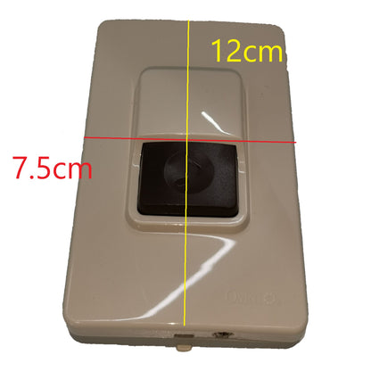 A beige rectangular wall-mounted device with a central dark square opening, overlaid with red, yellow, and black dimension lines and text showing 12cm height and 7.5cm width on a white background.