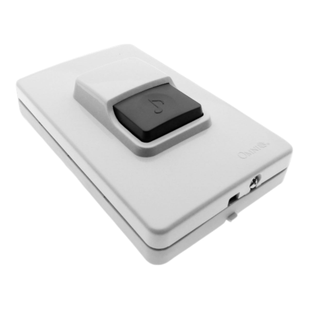 A white wall switch with a large black rocker switch and a small power cord entry on the side, shown on a plain white background.