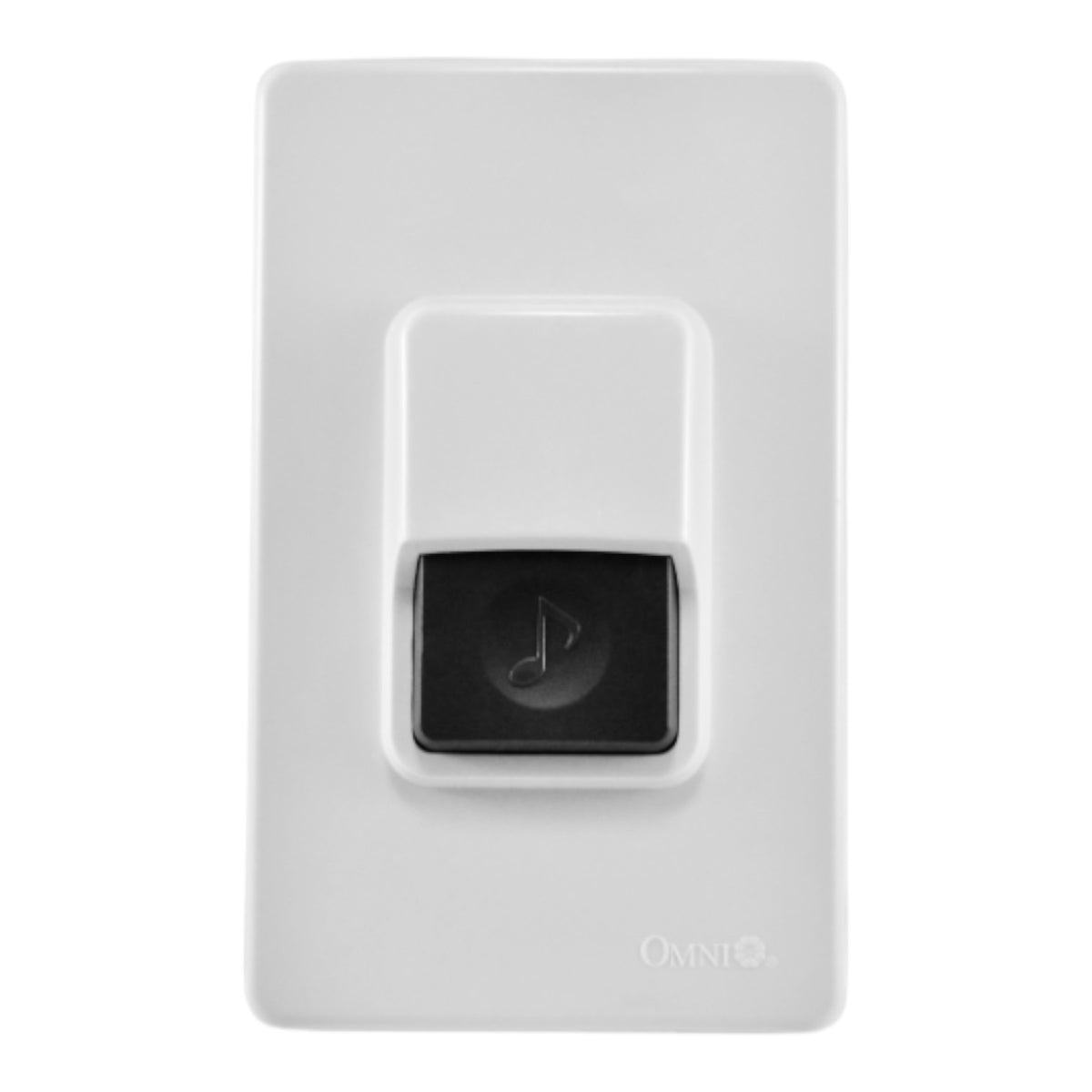 White smart speaker wall plate with a central black button featuring a music note icon, branded with the Omni logo.