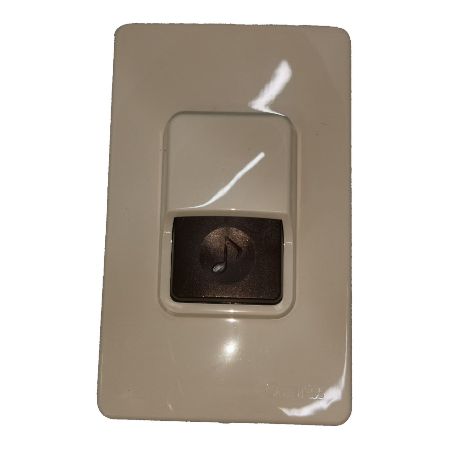 A beige wall-mounted electronic device with a glossy finish, featuring a central dark brown square panel with a music note symbol, shown against a plain white background.