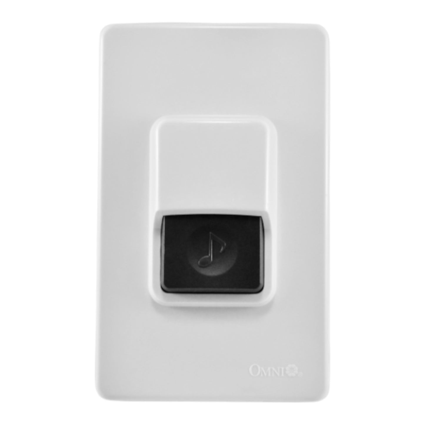 White smart speaker wall plate with a central black button featuring a music note icon, branded with the Omni logo.