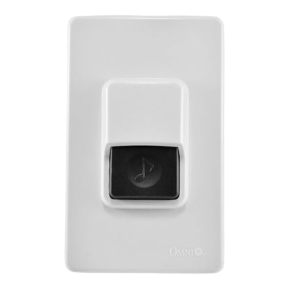 White smart speaker wall plate with a central black button featuring a music note icon, branded with the Omni logo.
