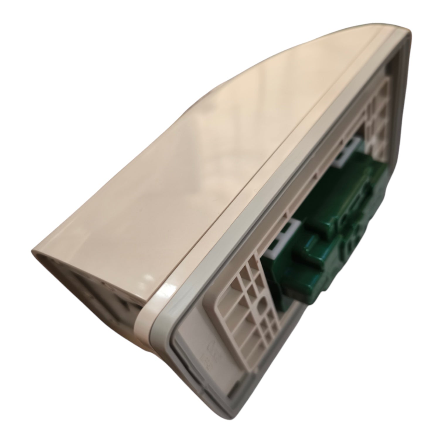 A replacement part for a dishwasher, specifically a beige plastic spray arm cover with a white grid and a green plastic component visible inside, isolated on a white background.