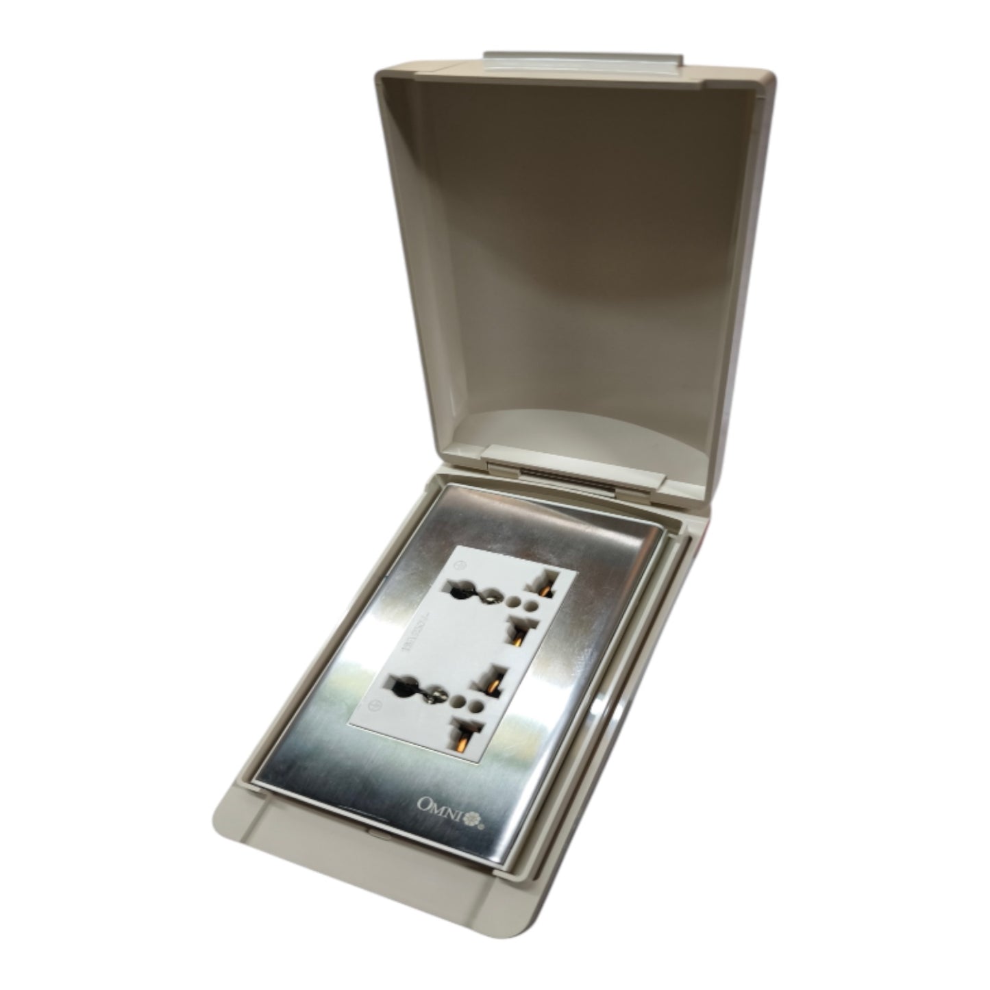 An open wall-mounted electrical outlet cover with a stainless steel faceplate and white socket, shown on a plain white background.
