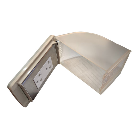 A modern wall-mounted light fixture with a brushed silver metal faceplate, integrated power outlets, and a clear acrylic shade, shown on a plain white background.
