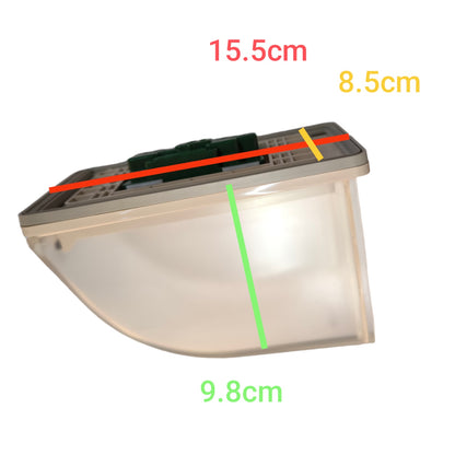 A translucent rectangular wall light fixture shown on a white background with colored measurement lines and text indicating dimensions: 15.5 cm, 8.