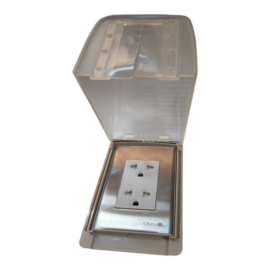 A waterproof outdoor electrical outlet cover with a transparent plastic hinged lid and a stainless steel faceplate, shown open on a white background.