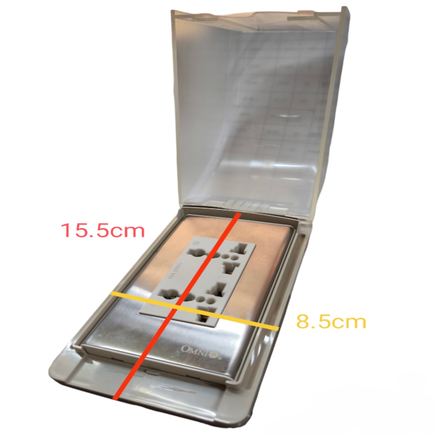 An open transparent plastic case containing a metallic electronic device with multiple ports, shown on a white background with red and yellow dimension labels reading 15.5cm and 8.