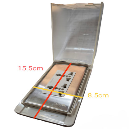 An open transparent plastic case containing a metallic electronic device with multiple ports, shown on a white background with red and yellow dimension labels reading 15.5cm and 8.