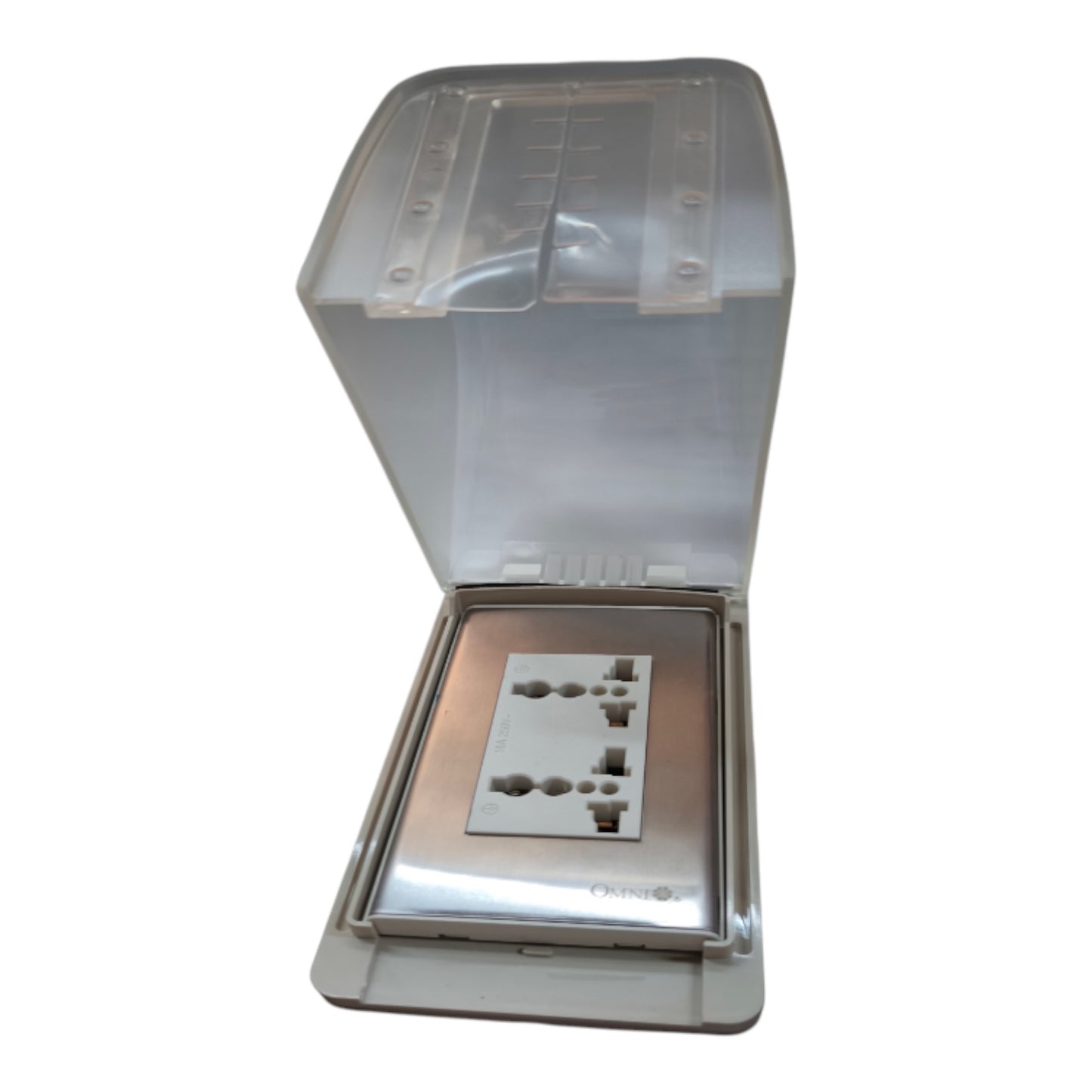 A waterproof outdoor wall socket cover with a transparent plastic hood and a silver metal base, shown open to reveal a white multi-socket outlet inside.
