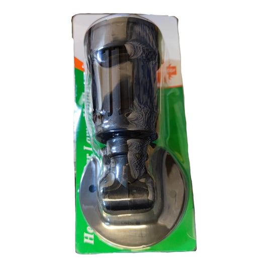 A chrome door handle set in its original green and white retail blister packaging, photographed against a plain white background.