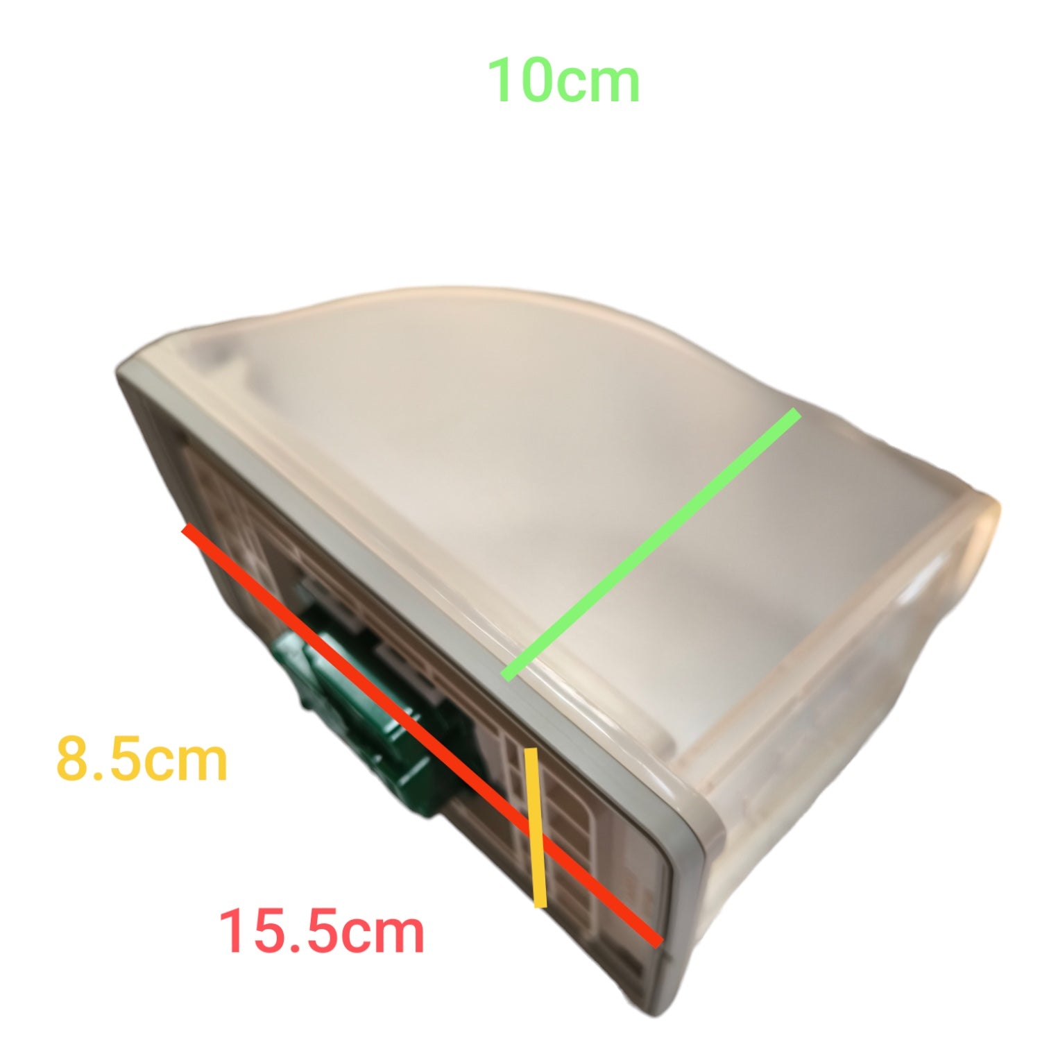A translucent rectangular container or box shown on a white background with colored measurement lines and labels indicating dimensions: 10cm, 8.5cm, and 15.