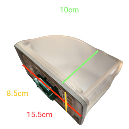 A translucent rectangular container or box shown on a white background with colored measurement lines and labels indicating dimensions: 10cm, 8.5cm, and 15.