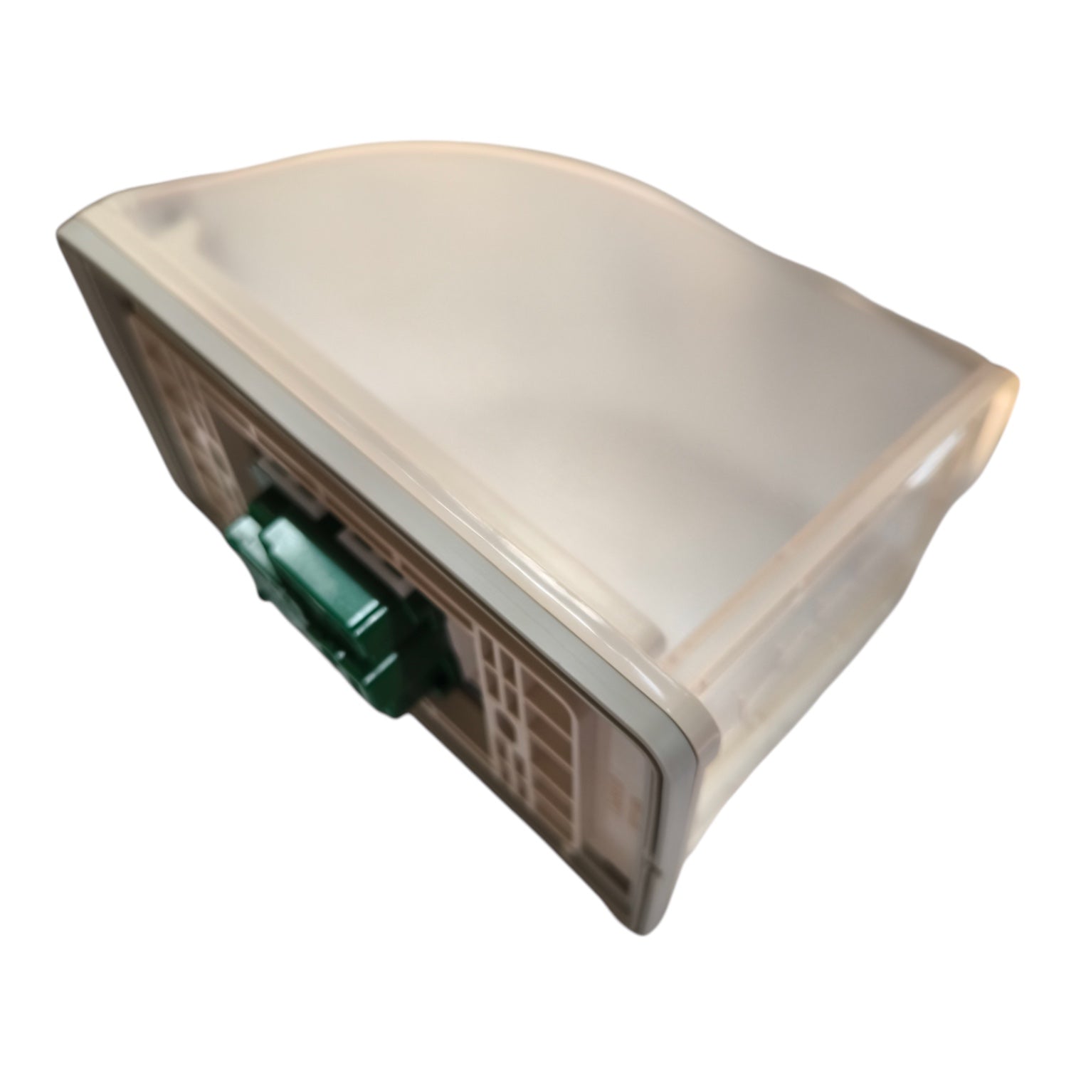 A translucent plastic water reservoir or tank with a green valve connector on the side, shown against a plain white background.
