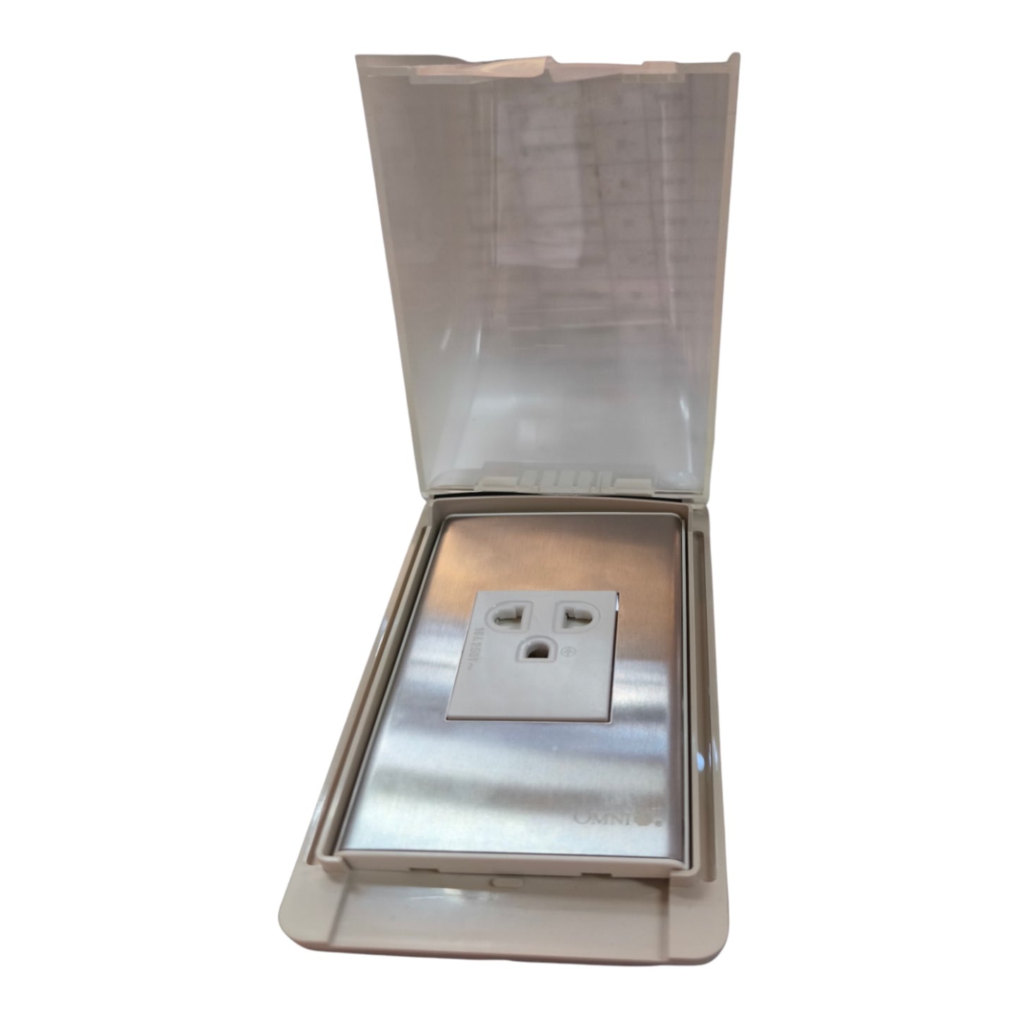 A stainless steel outdoor electrical outlet covered by a translucent beige weather-resistant housing with a hinged lid, shown open against a white background.