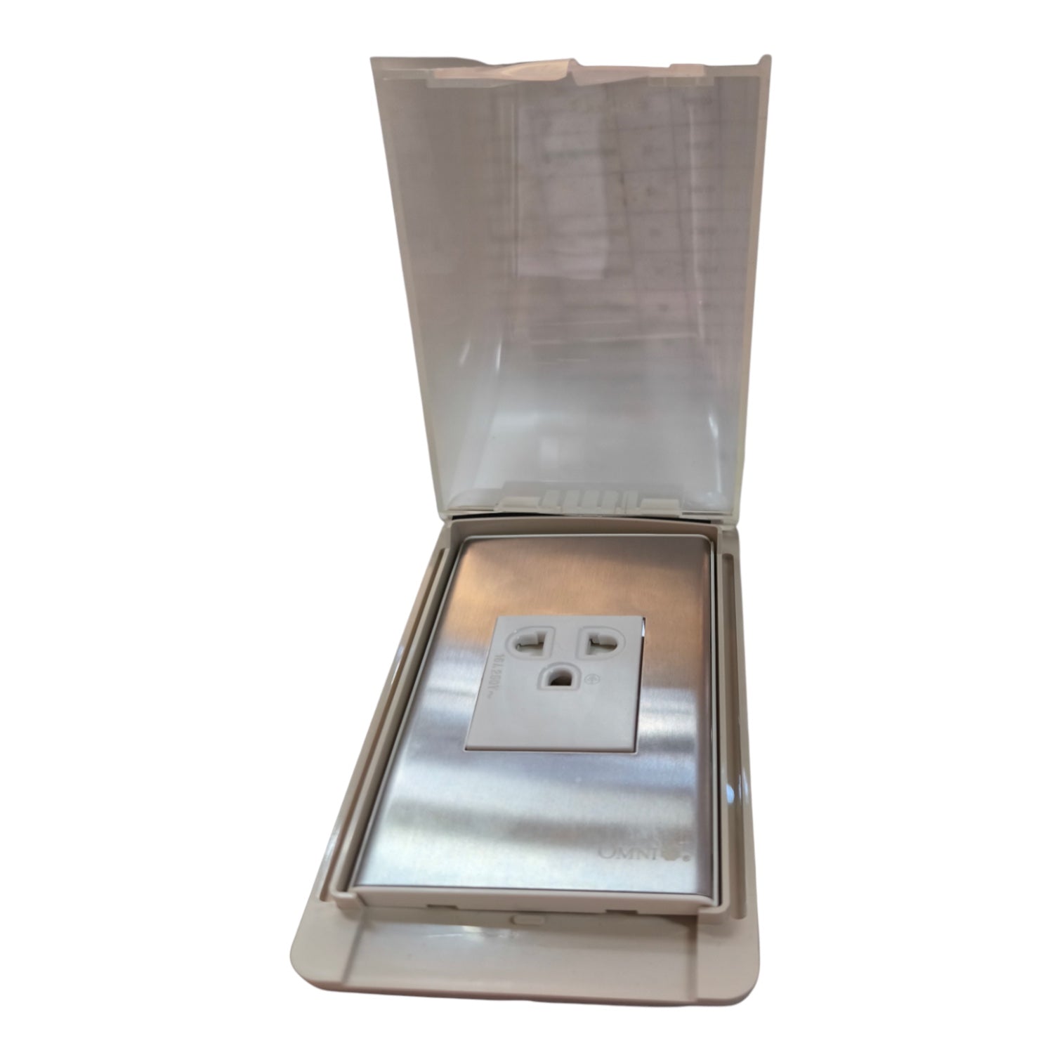 A stainless steel outdoor electrical outlet covered by a translucent beige weather-resistant housing with a hinged lid, shown open against a white background.