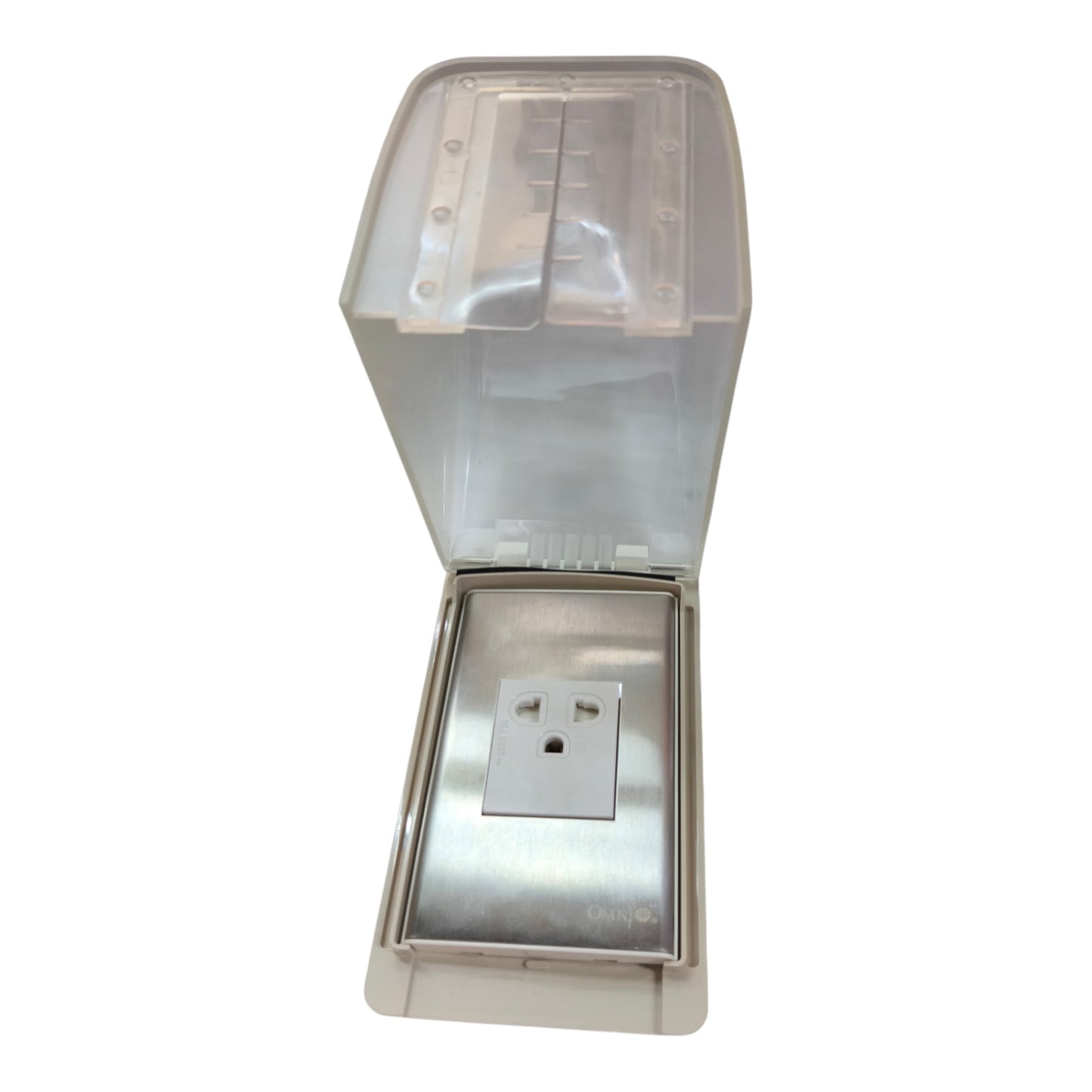 A waterproof outdoor wall outlet cover with an open transparent plastic lid and a stainless steel outlet insert, shown on a plain white background.