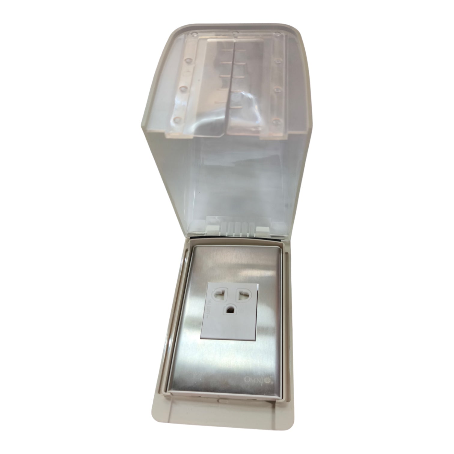 A waterproof outdoor wall outlet cover with an open transparent plastic lid and a stainless steel outlet insert, shown on a plain white background.