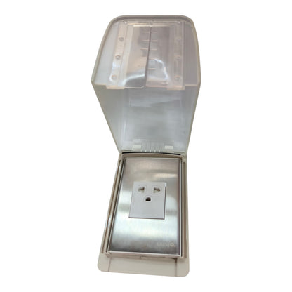 A waterproof outdoor wall outlet cover with an open transparent plastic lid and a stainless steel outlet insert, shown on a plain white background.