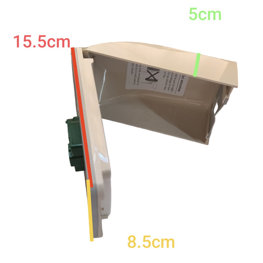A replacement plastic appliance part, likely a door panel or handle trim, shown from an angled side view with overlaid dimension labels in red, green, and yellow indicating 15.5cm, 5cm, and 8.