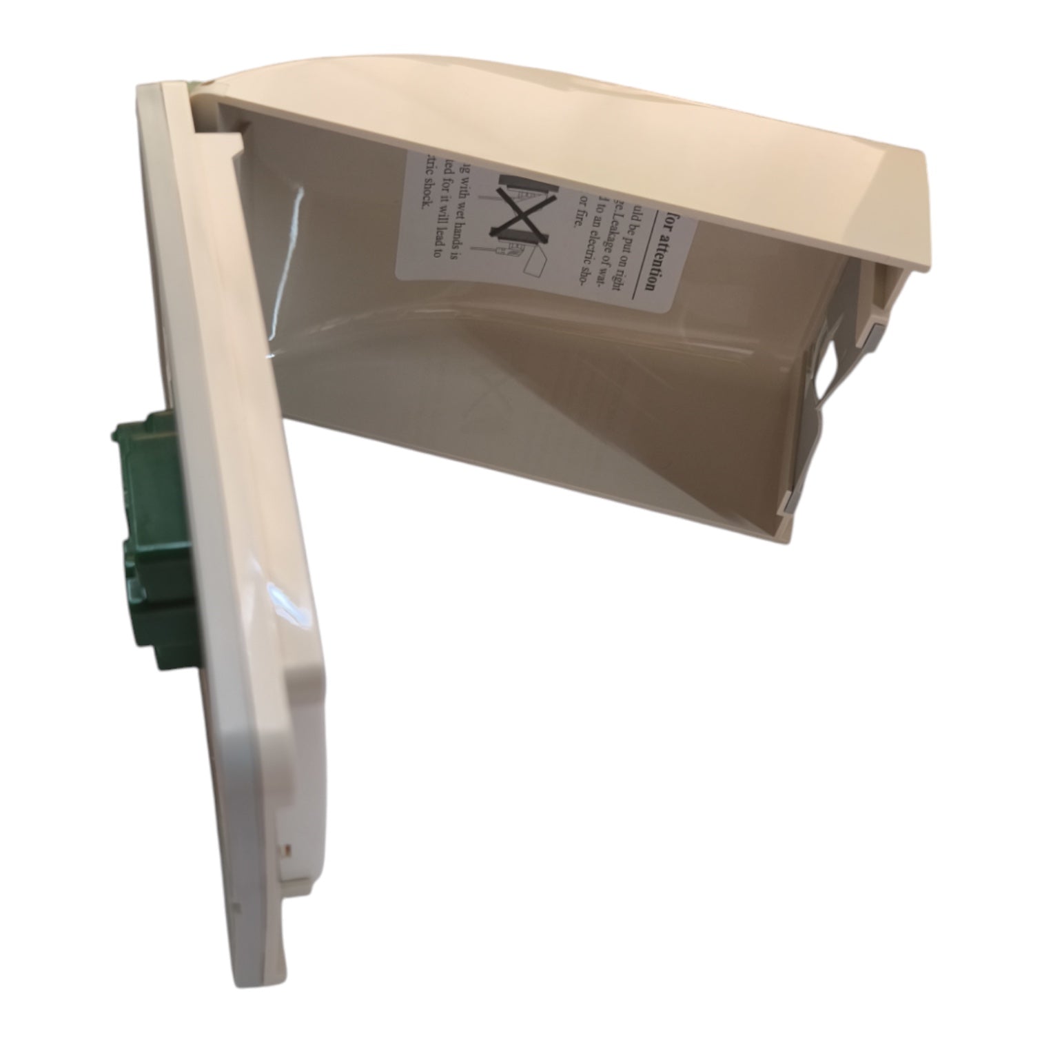 A replacement plastic water reservoir tank with an attached white plastic bracket and a green connector housing, shown against a plain white background.