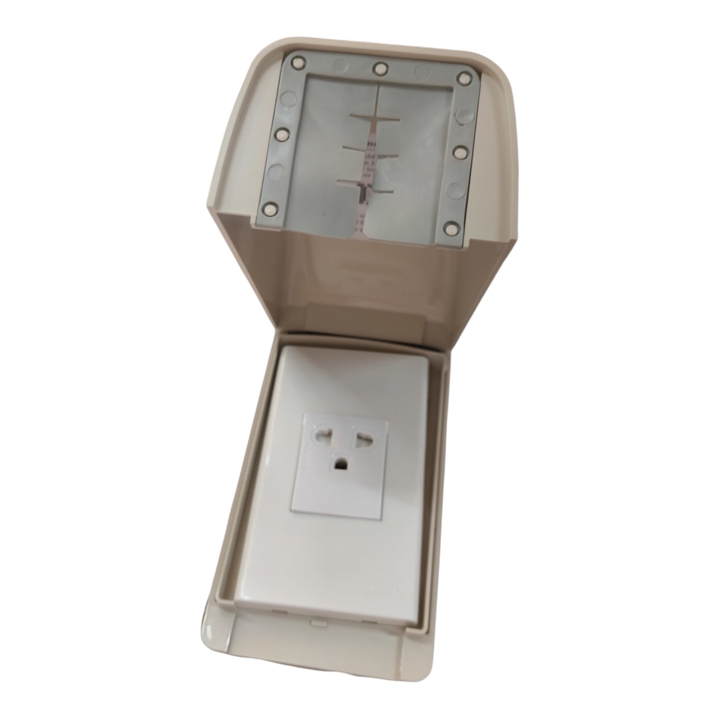 An outdoor waterproof electrical outlet cover with a beige plastic housing, shown open to reveal a white three-pin socket underneath and a metal grid on the top cover.