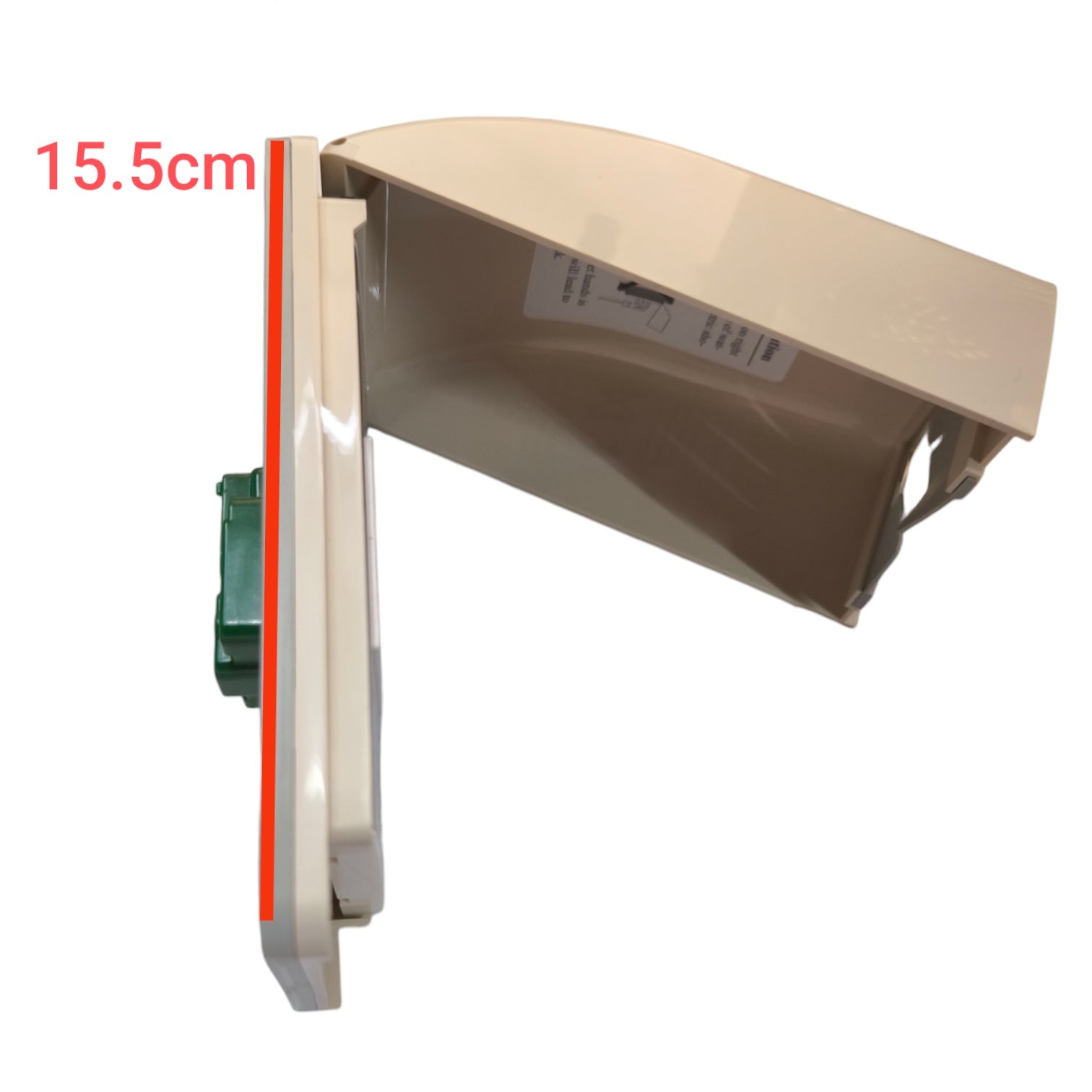 A replacement plastic dispenser cover or housing component, shown at an angle on a white background with a red measurement overlay reading 15.5cm.