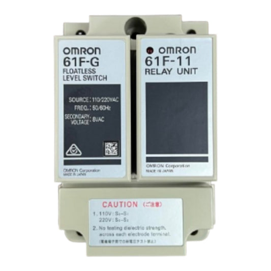An Omron 61F-11 relay unit and 61F-G floatless level switch assembly, featuring beige plastic housing with white labels and black text.