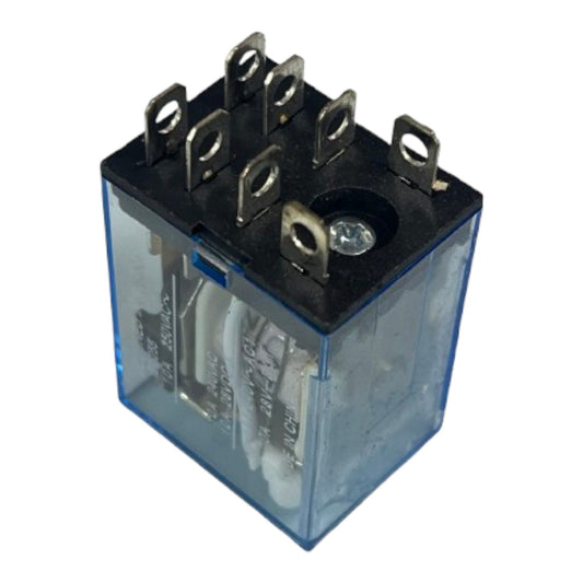 A square electrical relay with a transparent blue plastic housing, a black top terminal plate with six metal screw terminals, and internal white wires visible through the side.