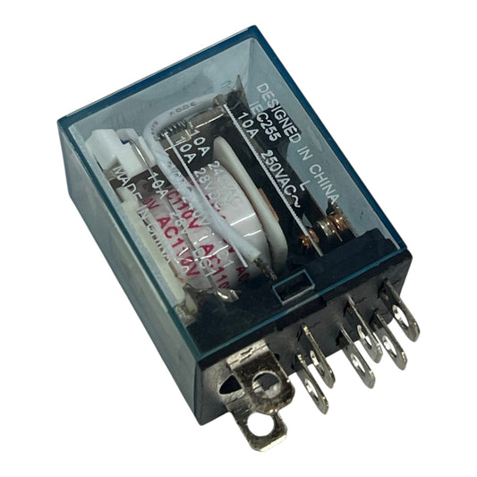 A 12V/24V 10A relay contactor with a transparent blue-gray plastic casing, showing internal white inductors and metal contacts, on a white background.