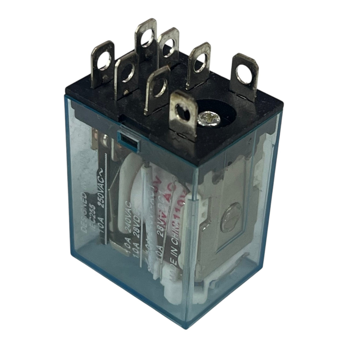 A square electrical relay with a transparent blue-gray plastic housing, a black top terminal plate, and multiple metal screw terminals, shown on a plain white background.