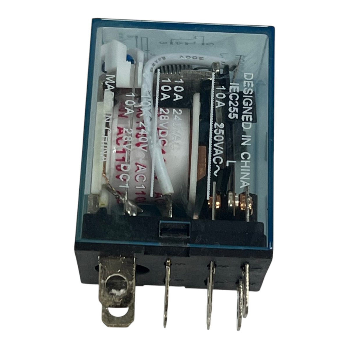 A 10A 250VAC relay contactor with a transparent casing, showing internal components and metal terminals, on a white background.