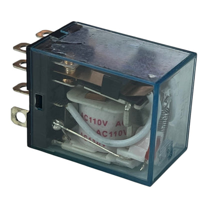 A square electrical relay with a transparent blue-gray plastic housing, showing internal white wiring and copper-colored metal contacts, isolated on a white background.