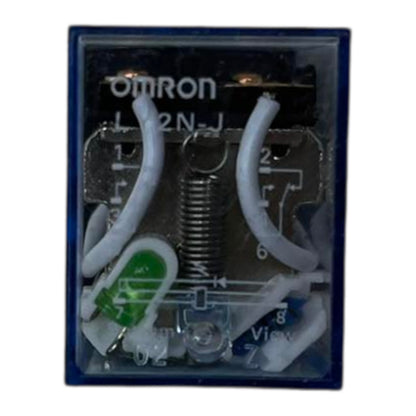 An Omron L2N-J relay contact module with a clear cover, showing internal metal contacts, a coil spring, white terminal wires, and a small green LED.